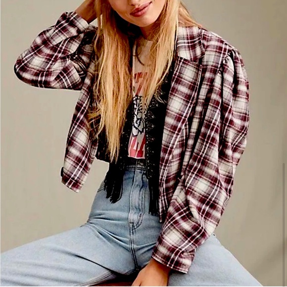 We The Free Jackets & Blazers - We The Free Free People Alessandra Plaid Cropped Blazer Puff Sleeve Frayed 90s M